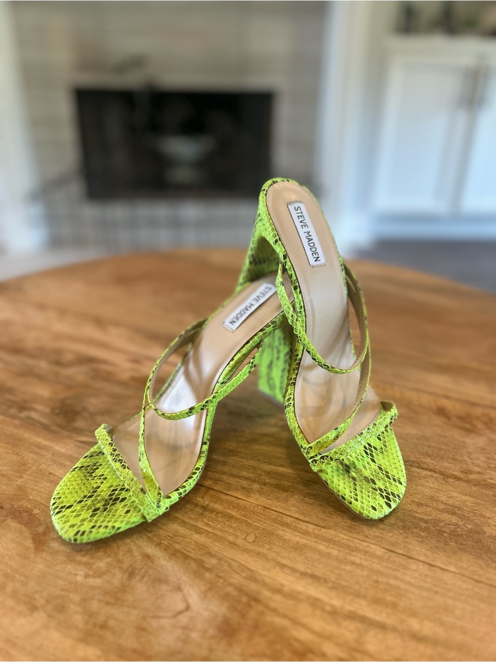 Steve Madden Neon Green Snake-Print Strappy Block Heels